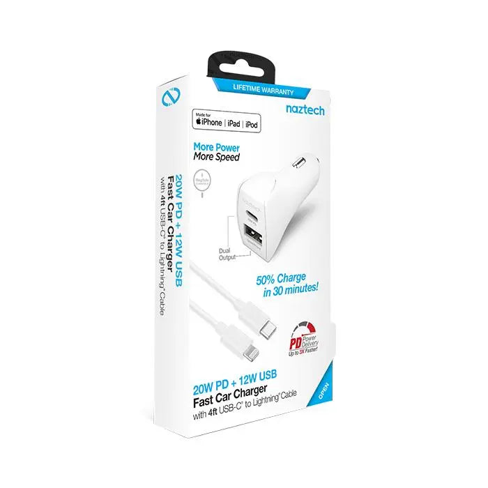 Naztech 20W PD + 12W USB Car Charger with 4 ft. Type-C to Lightning Cable