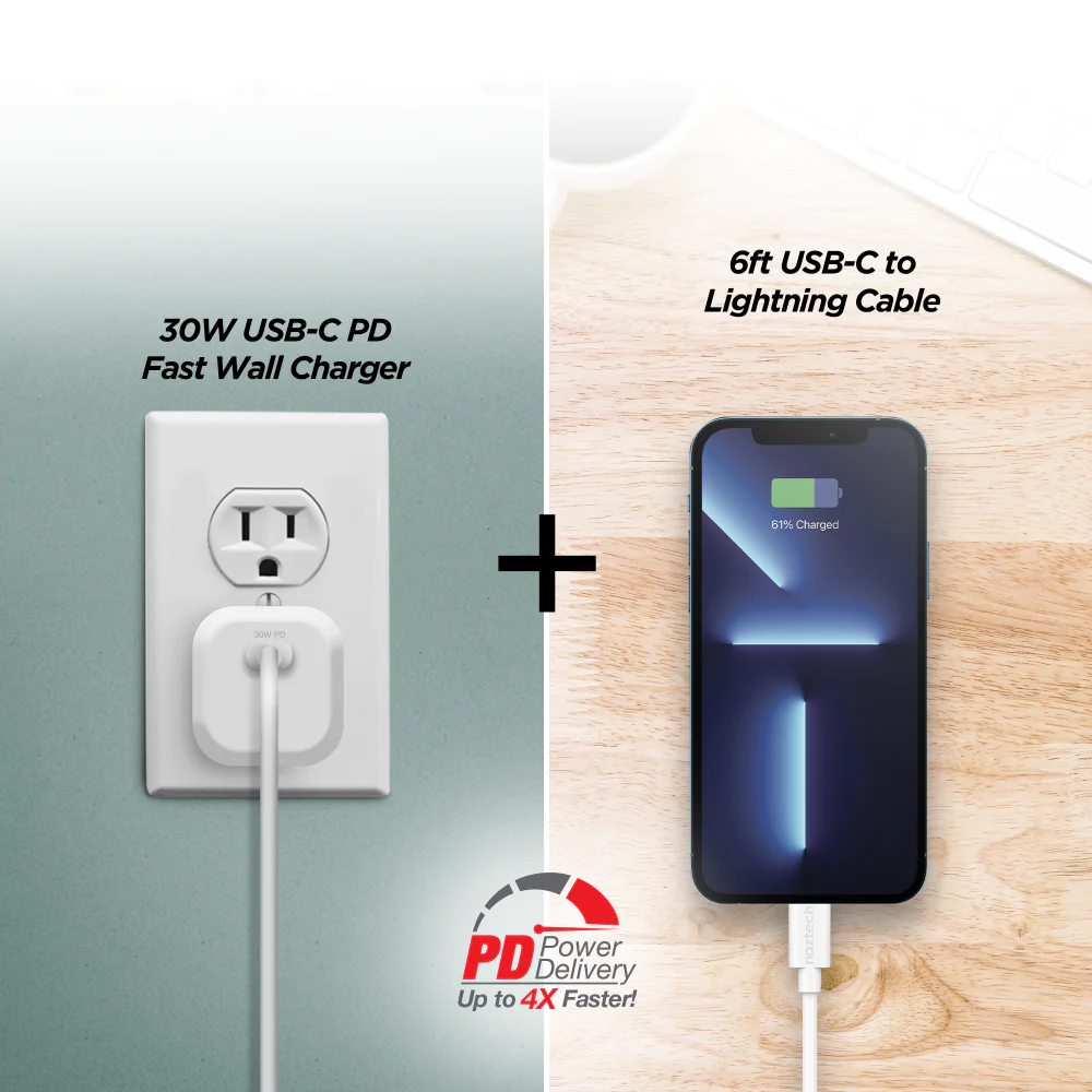 30W USB-C PD Fast Wall Charger | 6ft MFi Lightning Cable | White