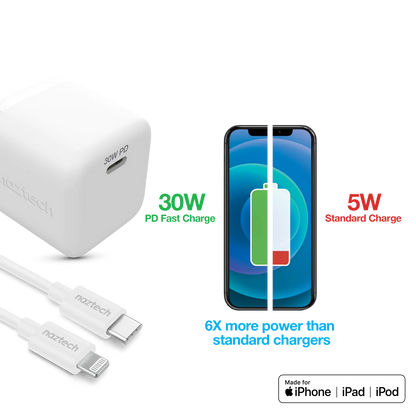 30W USB-C PD Fast Wall Charger | 6ft MFi Lightning Cable | White
