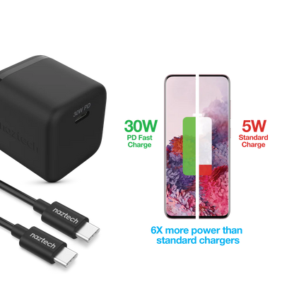 30W USB-C PD FAST WALL CHARGER | 6FT USB-C CABLE | BLACK