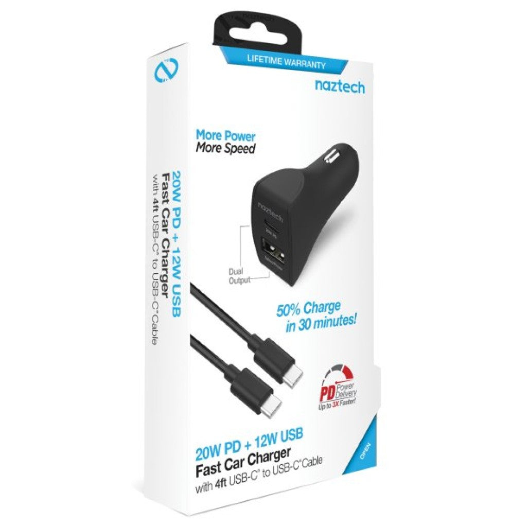 Naztech 20W PD + 12W USB Car Charger with 4 ft. Type-C to Type-C Cable