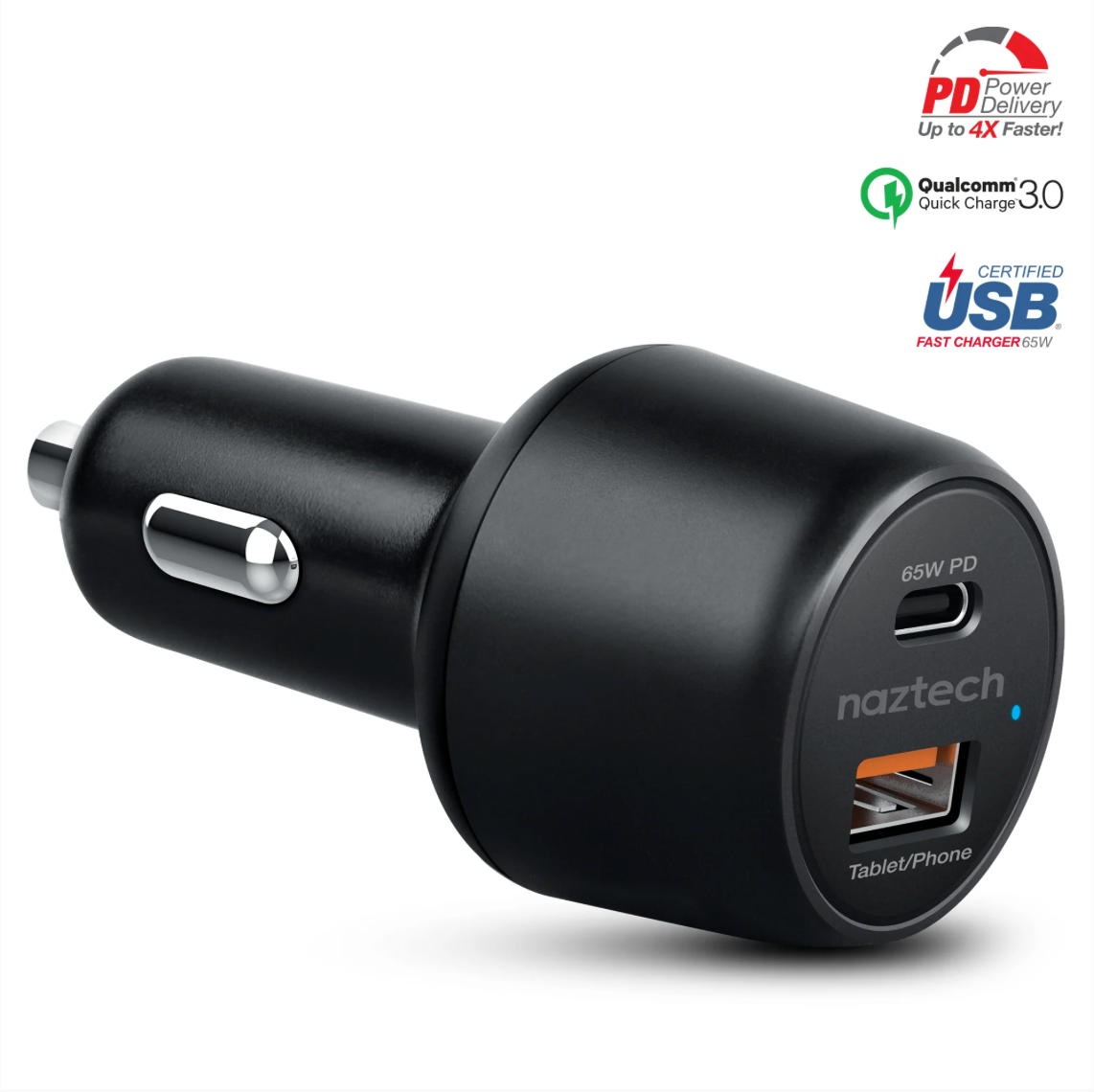 SpeedMax65 65W USB-C PD + USB Laptop Car Charger with Quick Charge 3.0