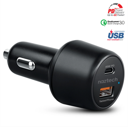 SpeedMax65 65W USB-C PD + USB Laptop Car Charger with Quick Charge 3.0