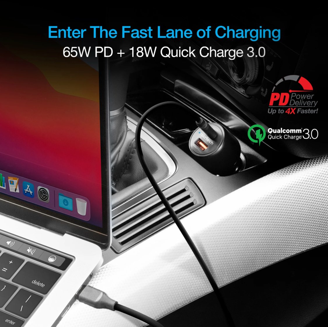 SpeedMax65 65W USB-C PD + USB Laptop Car Charger with Quick Charge 3.0