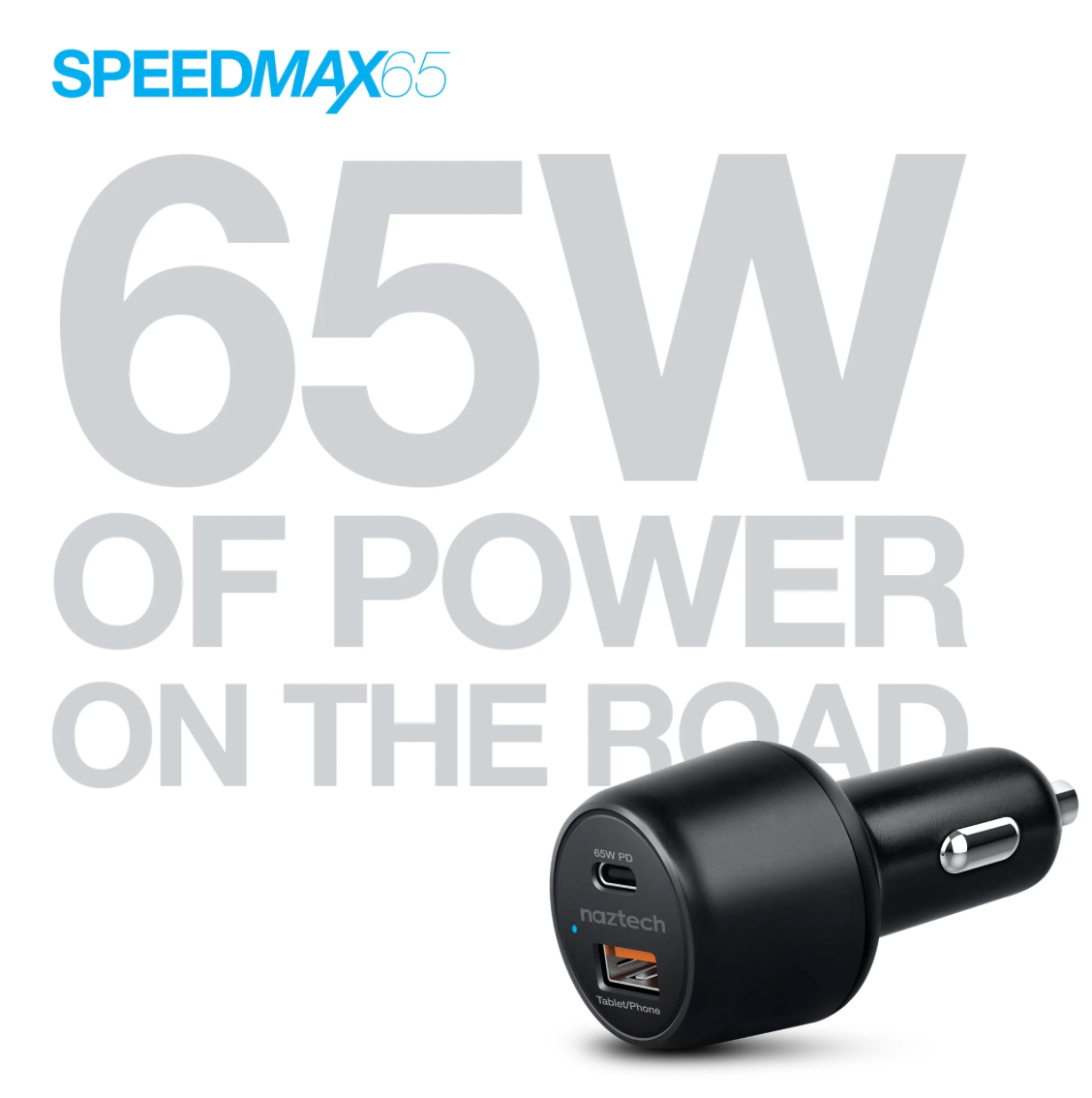 SpeedMax65 65W USB-C PD + USB Laptop Car Charger with Quick Charge 3.0