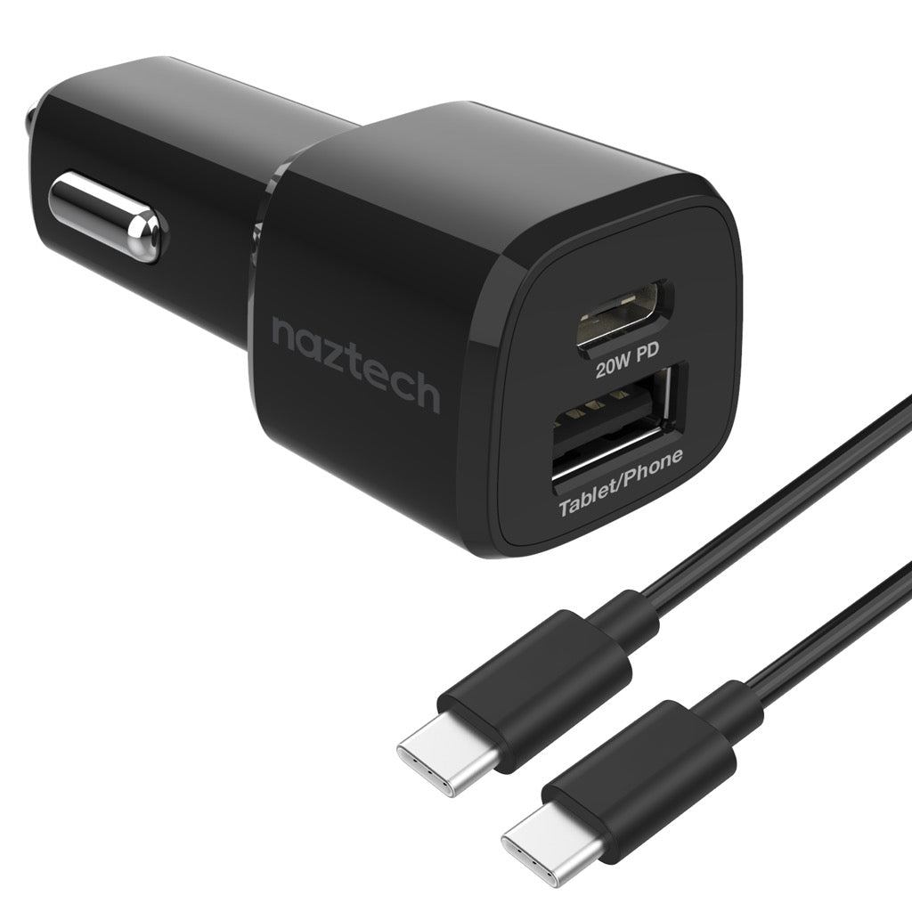 Naztech 20W PD + 12W USB Car Charger with 4 ft. Type-C to Type-C Cable